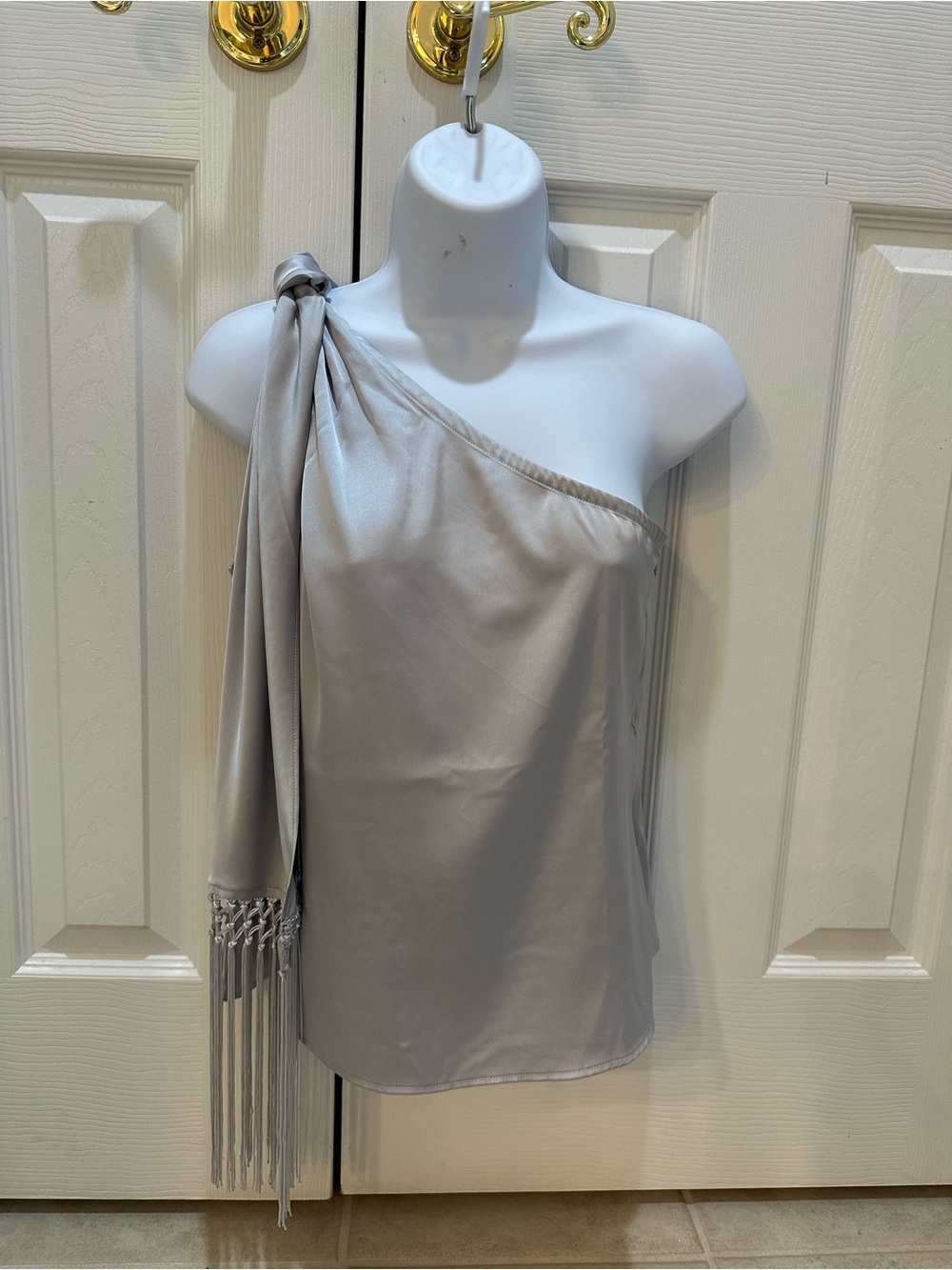 Boston Proper One-Shoulder Satin Camisole with Fringe in Light Gray